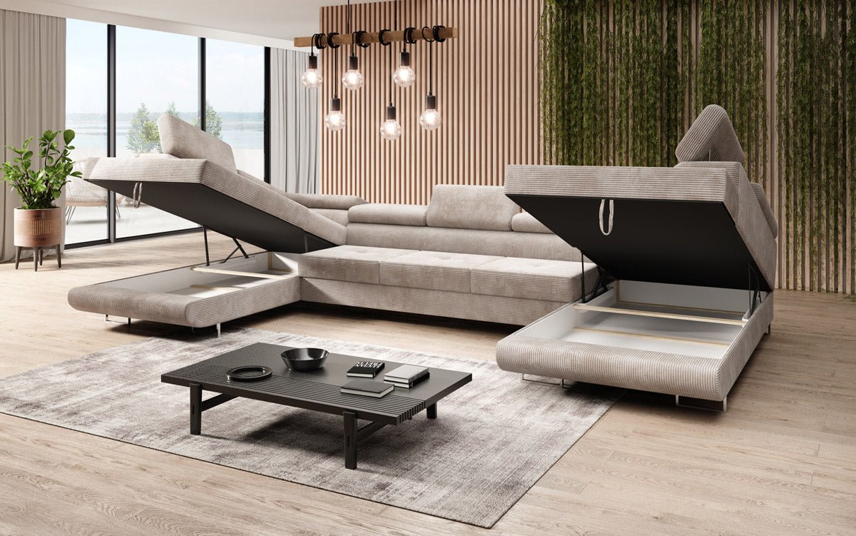 Canapé designer Taormina avec fonction couchage et rabattable en velours côtelé