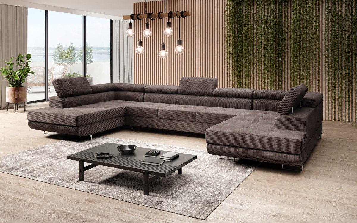 Canapé designer Taormina avec fonction couchage et rabattable en velours côtelé