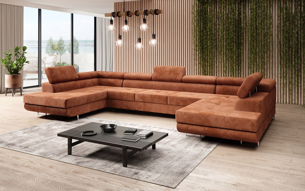 Canapé designer Taormina avec fonction couchage et rabattable en velours côtelé