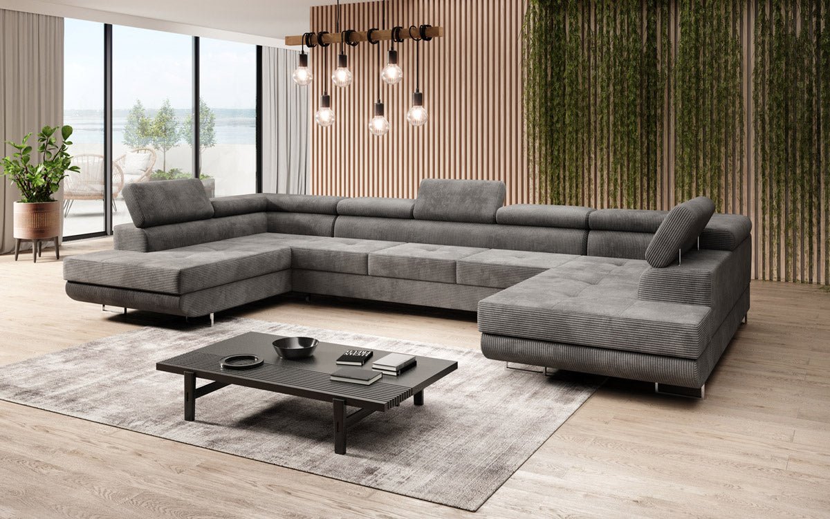 Canapé designer Taormina avec fonction couchage et rabattable en velours côtelé