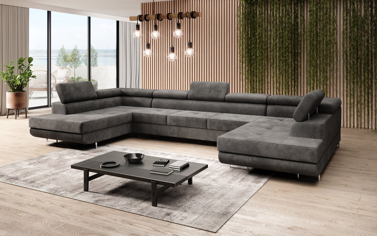 Canapé designer Taormina avec fonction couchage et rabattable en velours côtelé