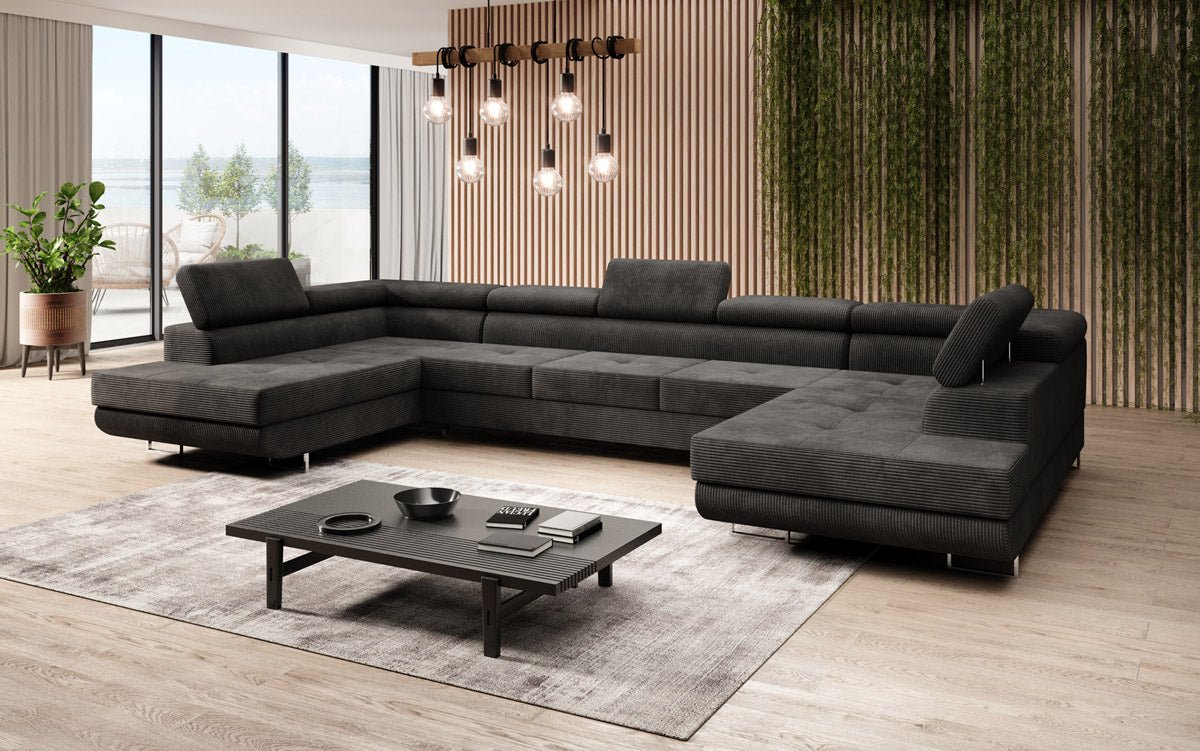 Canapé designer Taormina avec fonction couchage et rabattable en velours côtelé