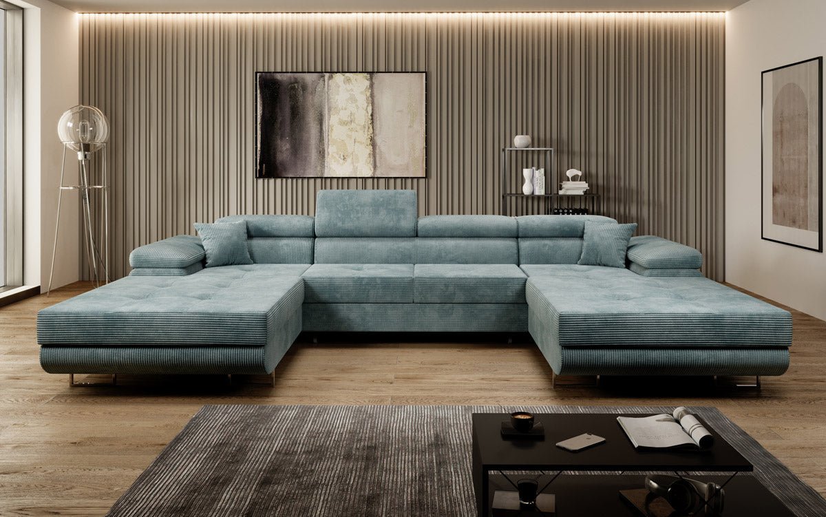 Canapé designer Calvera U avec fonction couchage et rabattable en velours côtelé