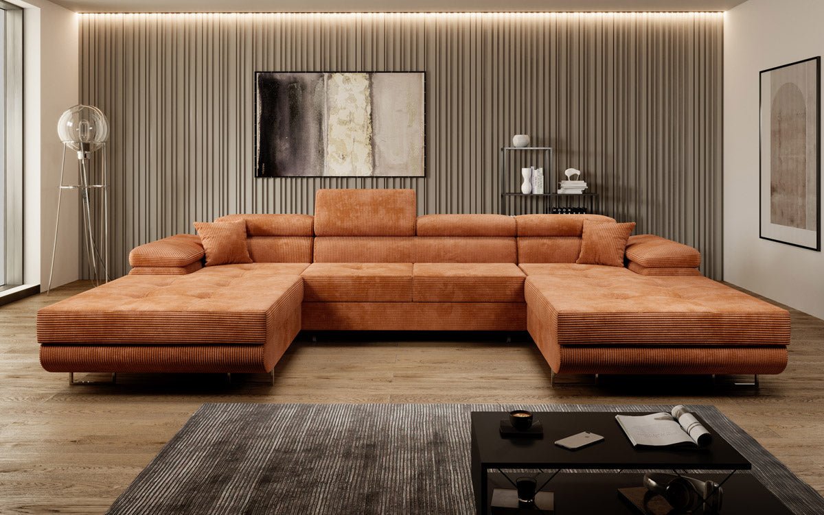 Canapé designer Calvera U avec fonction couchage et rabattable en velours côtelé