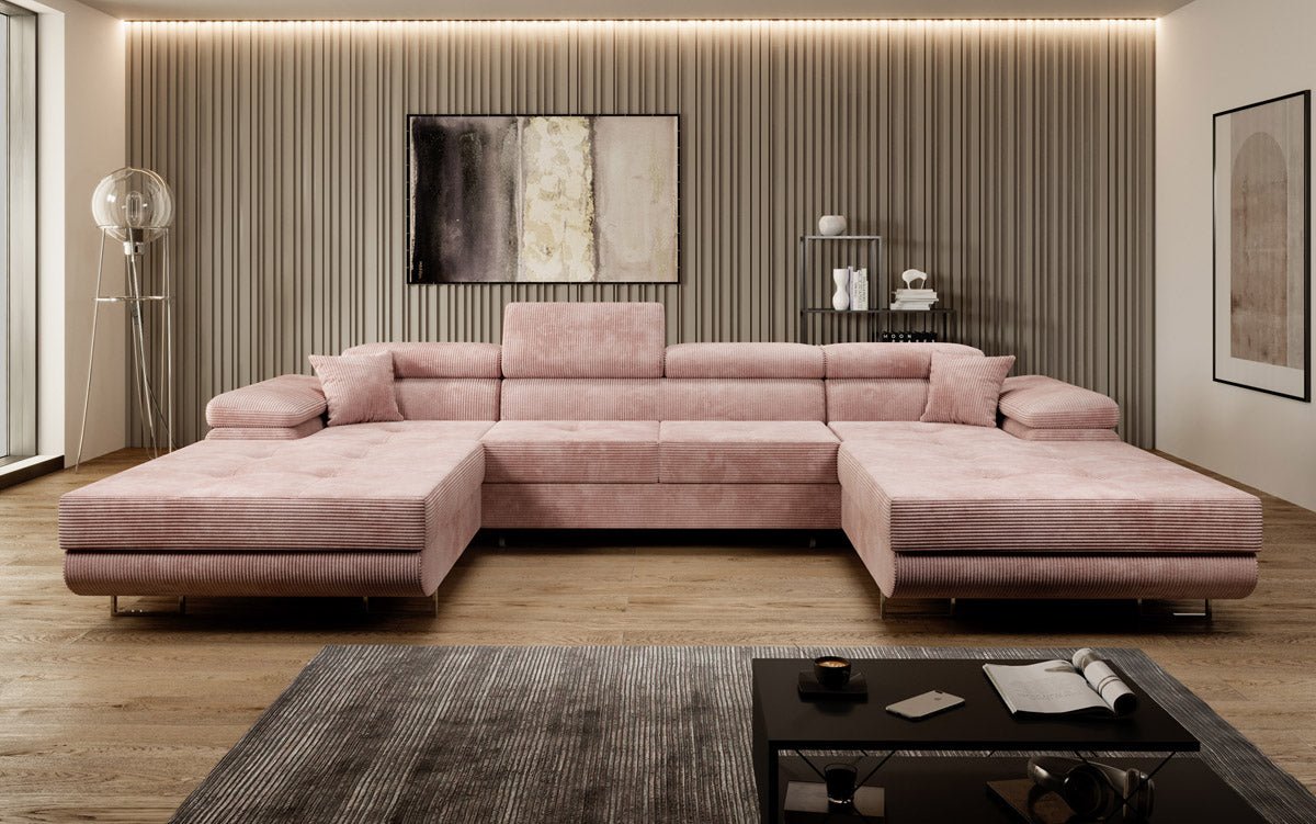 Canapé designer Calvera U avec fonction couchage et rabattable en velours côtelé