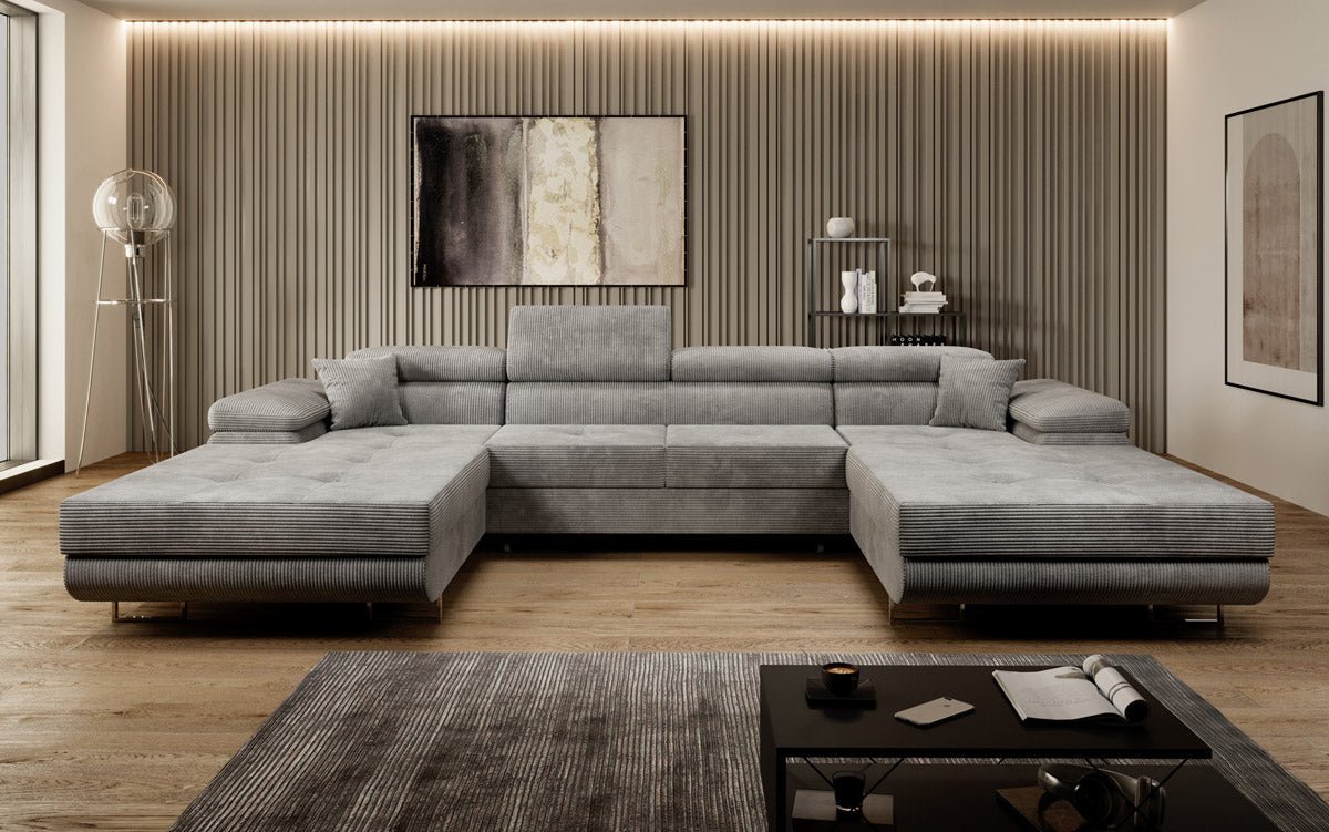 Canapé designer Calvera U avec fonction couchage et rabattable en velours côtelé