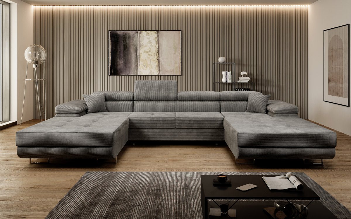 Canapé designer Calvera U avec fonction couchage et rabattable en velours côtelé