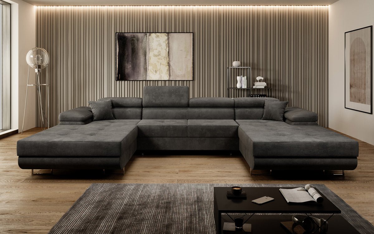 Canapé designer Calvera U avec fonction couchage et rabattable en velours côtelé
