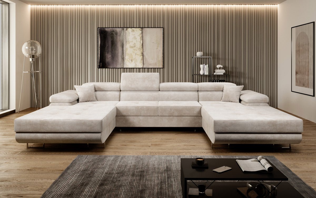 Canapé designer Calvera U avec fonction couchage et rabattable en velours côtelé