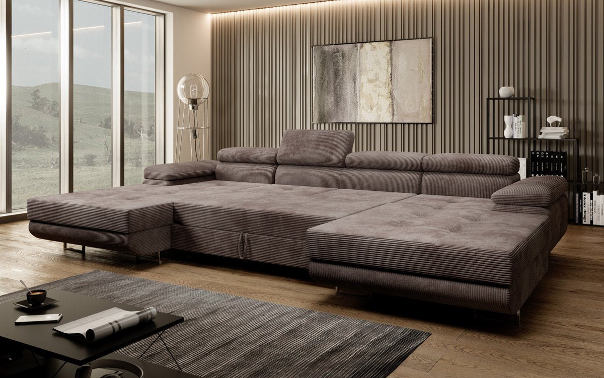 Canapé designer Calvera U avec fonction couchage et rabattable en velours côtelé