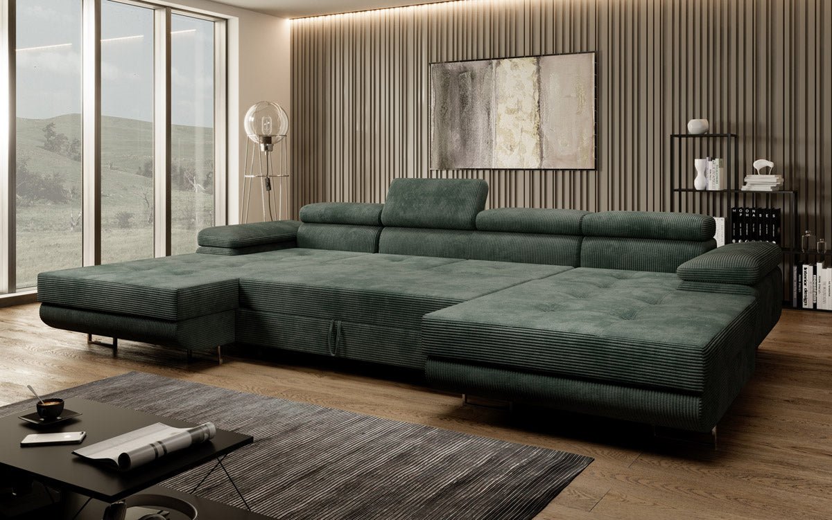 Canapé designer Calvera U avec fonction couchage et rabattable en velours côtelé