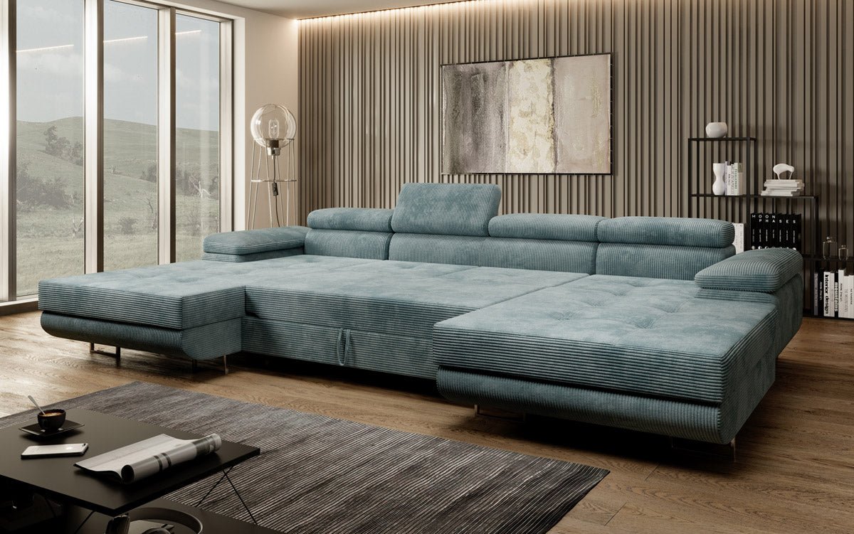 Canapé designer Calvera U avec fonction couchage et rabattable en velours côtelé