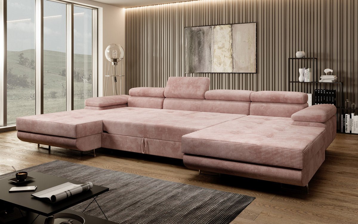 Canapé designer Calvera U avec fonction couchage et rabattable en velours côtelé