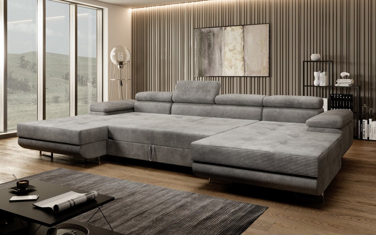 Canapé designer Calvera U avec fonction couchage et rabattable en velours côtelé