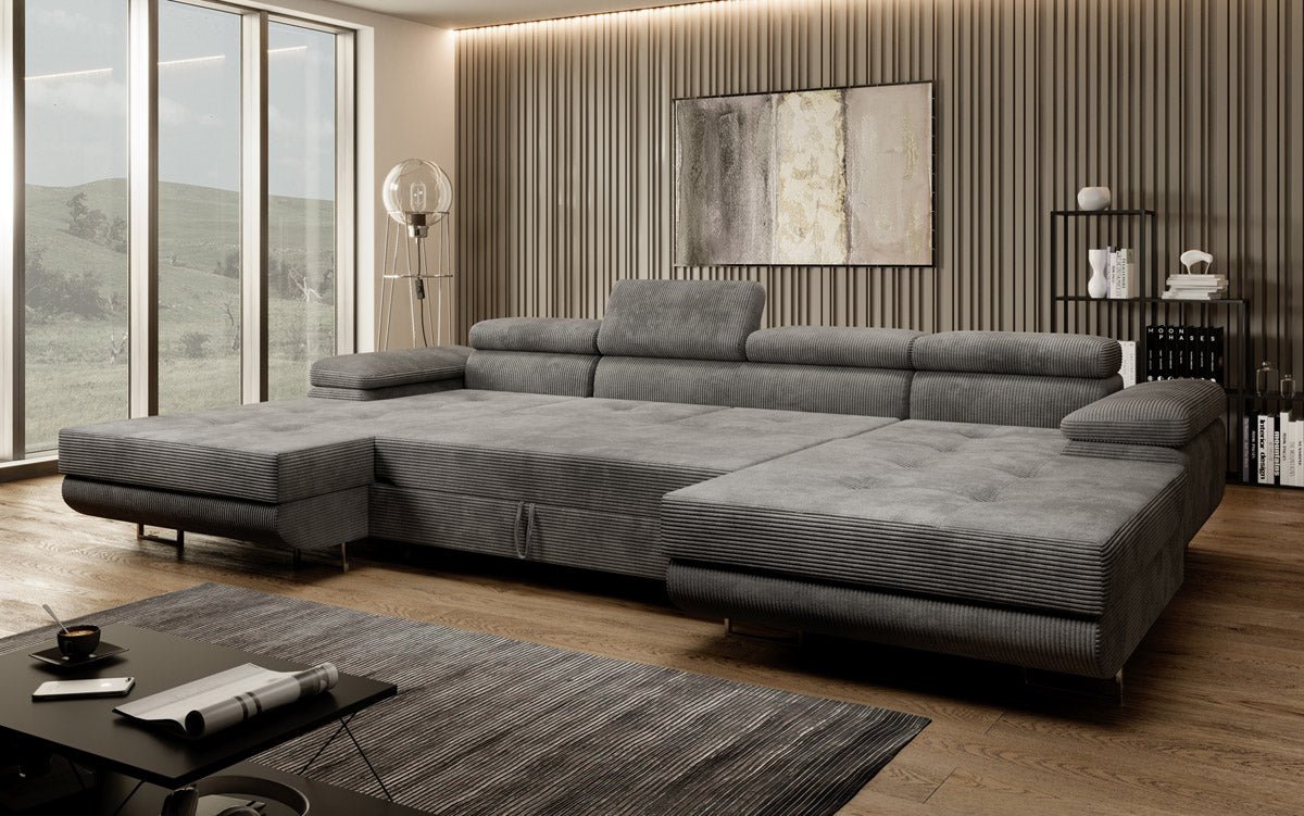 Canapé designer Calvera U avec fonction couchage et rabattable en velours côtelé