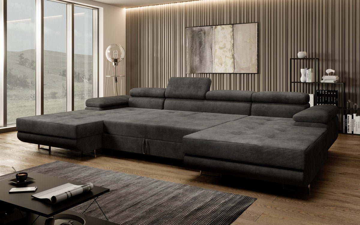 Canapé designer Calvera U avec fonction couchage et rabattable en velours côtelé