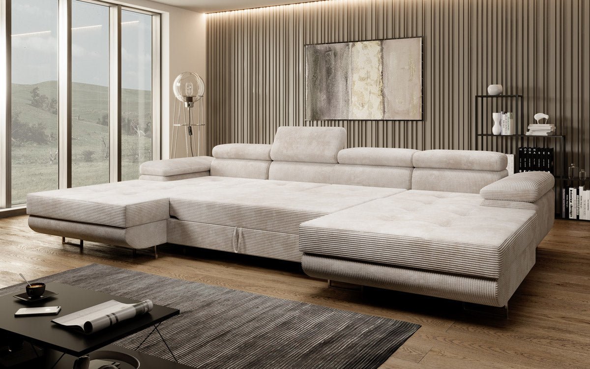 Canapé designer Calvera U avec fonction couchage et rabattable en velours côtelé