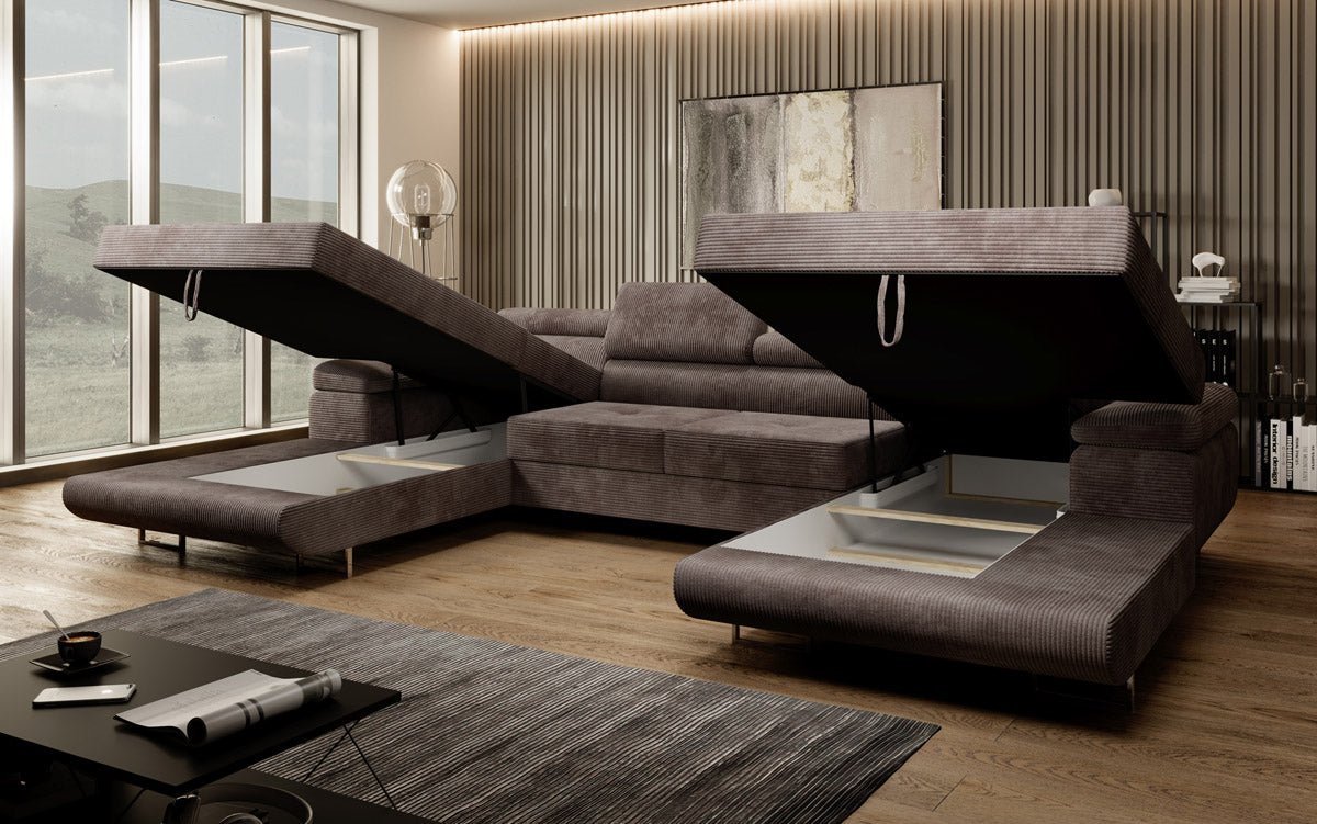 Canapé designer Calvera U avec fonction couchage et rabattable en velours côtelé