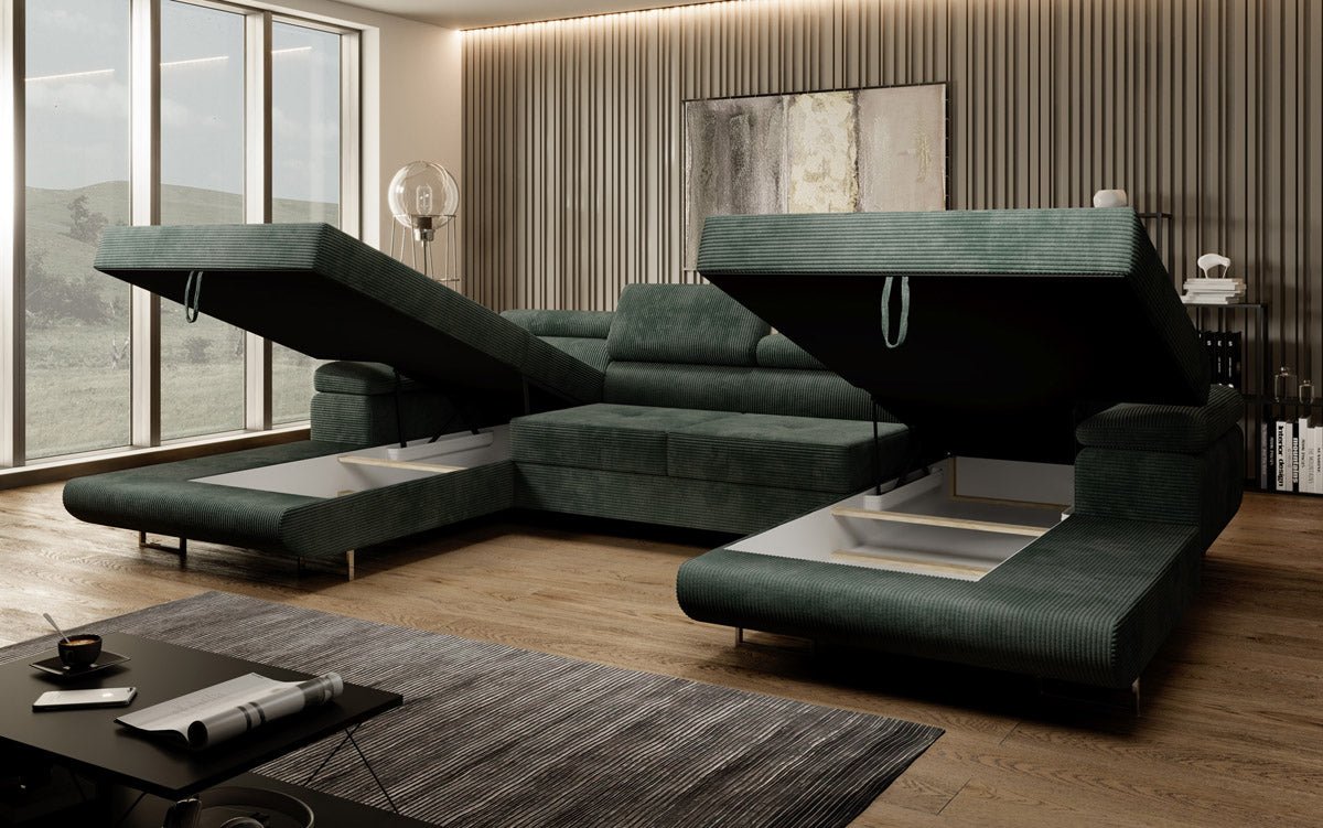 Canapé designer Calvera U avec fonction couchage et rabattable en velours côtelé