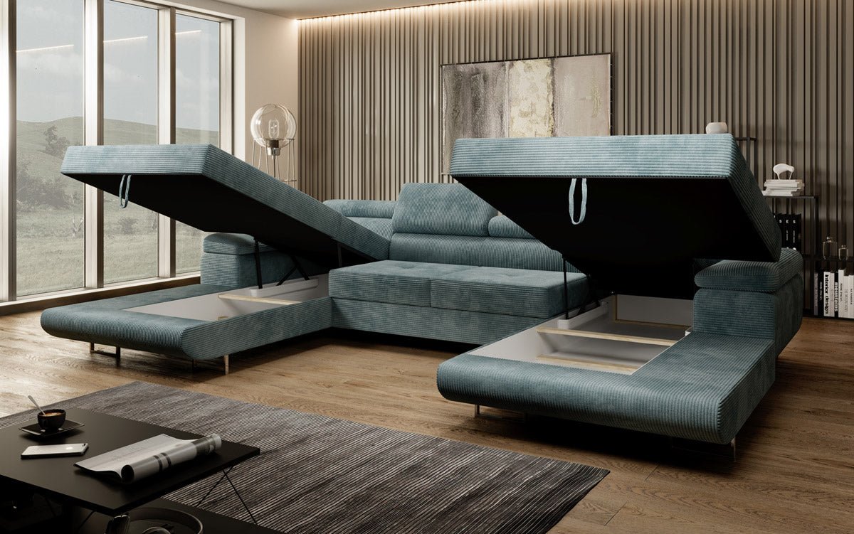 Canapé designer Calvera U avec fonction couchage et rabattable en velours côtelé