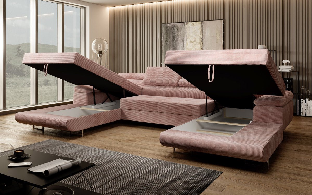 Canapé designer Calvera U avec fonction couchage et rabattable en velours côtelé