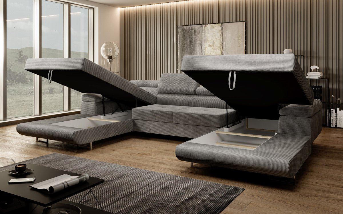 Canapé designer Calvera U avec fonction couchage et rabattable en velours côtelé