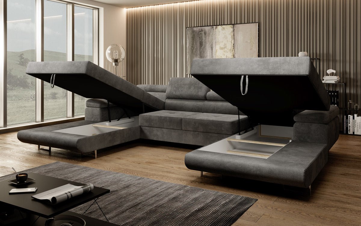 Canapé designer Calvera U avec fonction couchage et rabattable en velours côtelé
