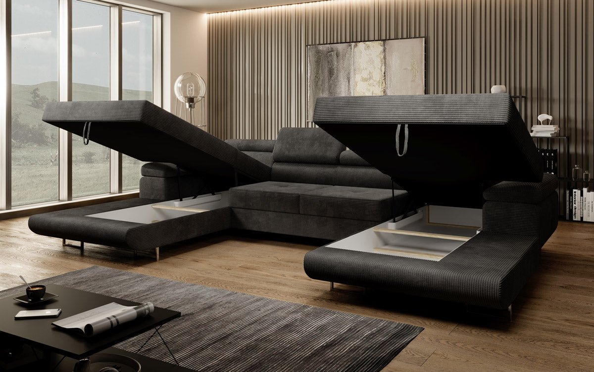 Canapé designer Calvera U avec fonction couchage et rabattable en velours côtelé
