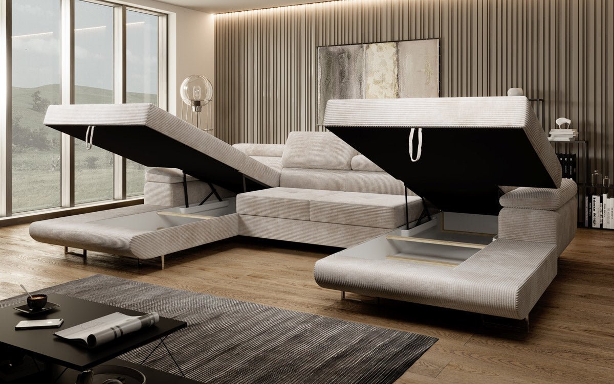 Canapé designer Calvera U avec fonction couchage et rabattable en velours côtelé