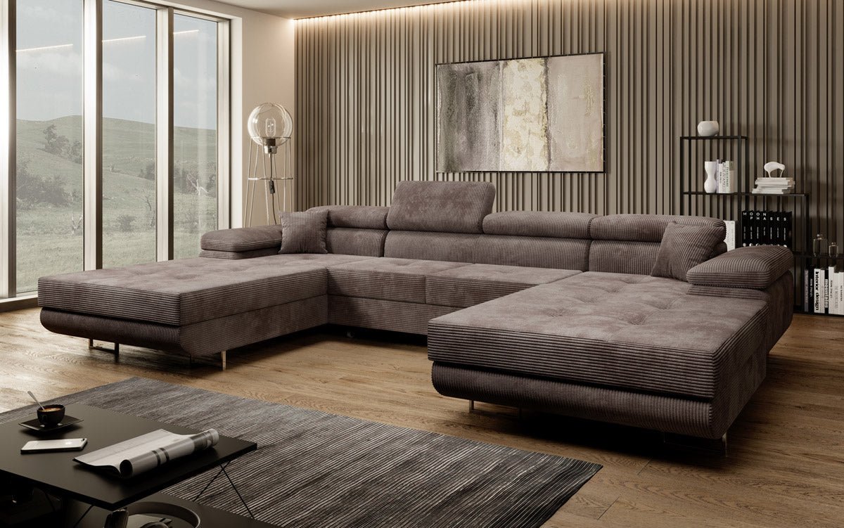Canapé designer Calvera U avec fonction couchage et rabattable en velours côtelé