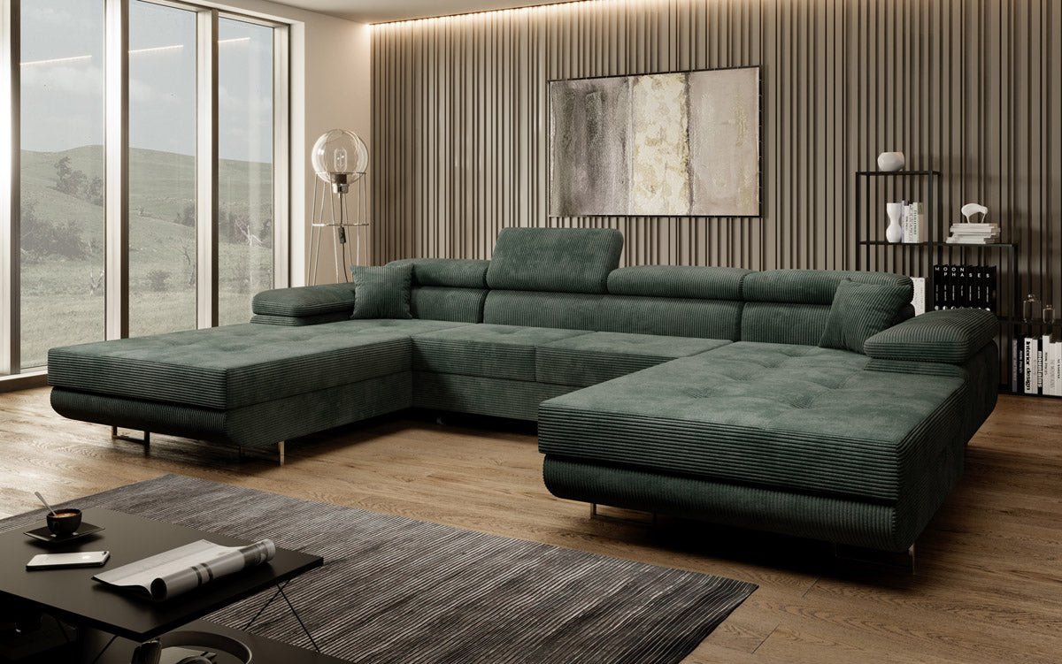 Canapé designer Calvera U avec fonction couchage et rabattable en velours côtelé