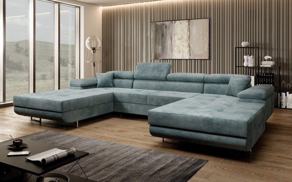 Canapé designer Calvera U avec fonction couchage et rabattable en velours côtelé