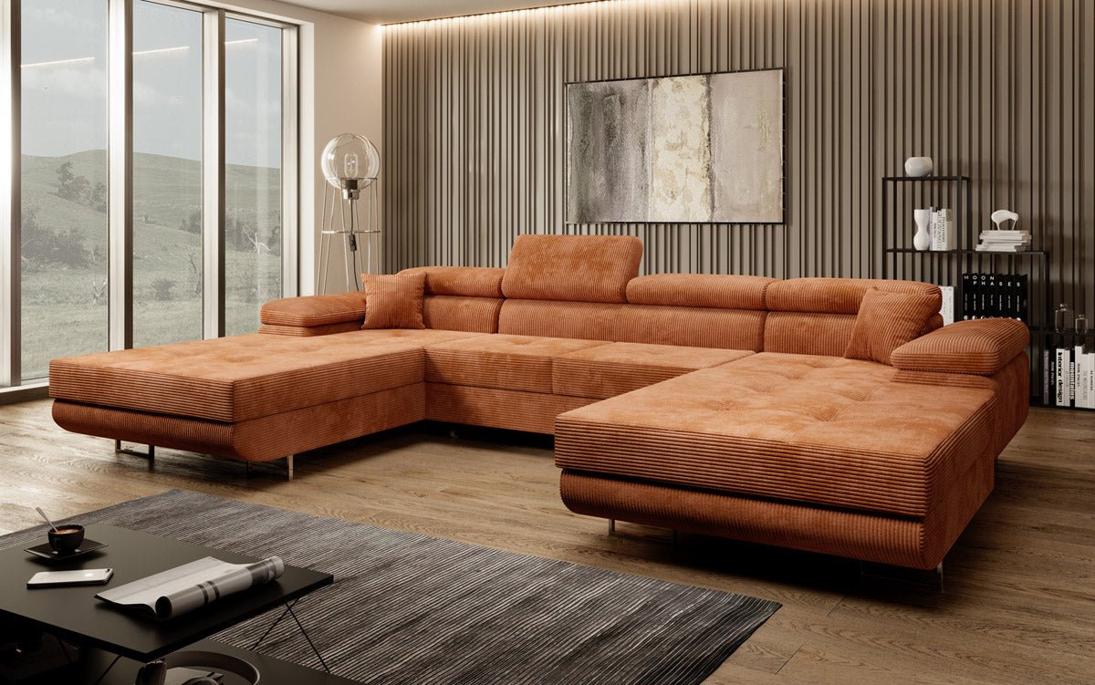 Canapé designer Calvera U avec fonction couchage et rabattable en velours côtelé