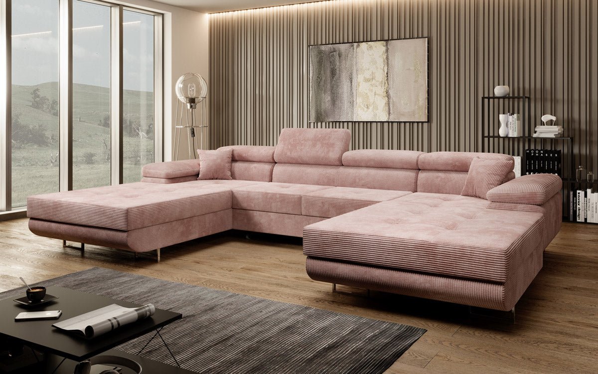 Canapé designer Calvera U avec fonction couchage et rabattable en velours côtelé