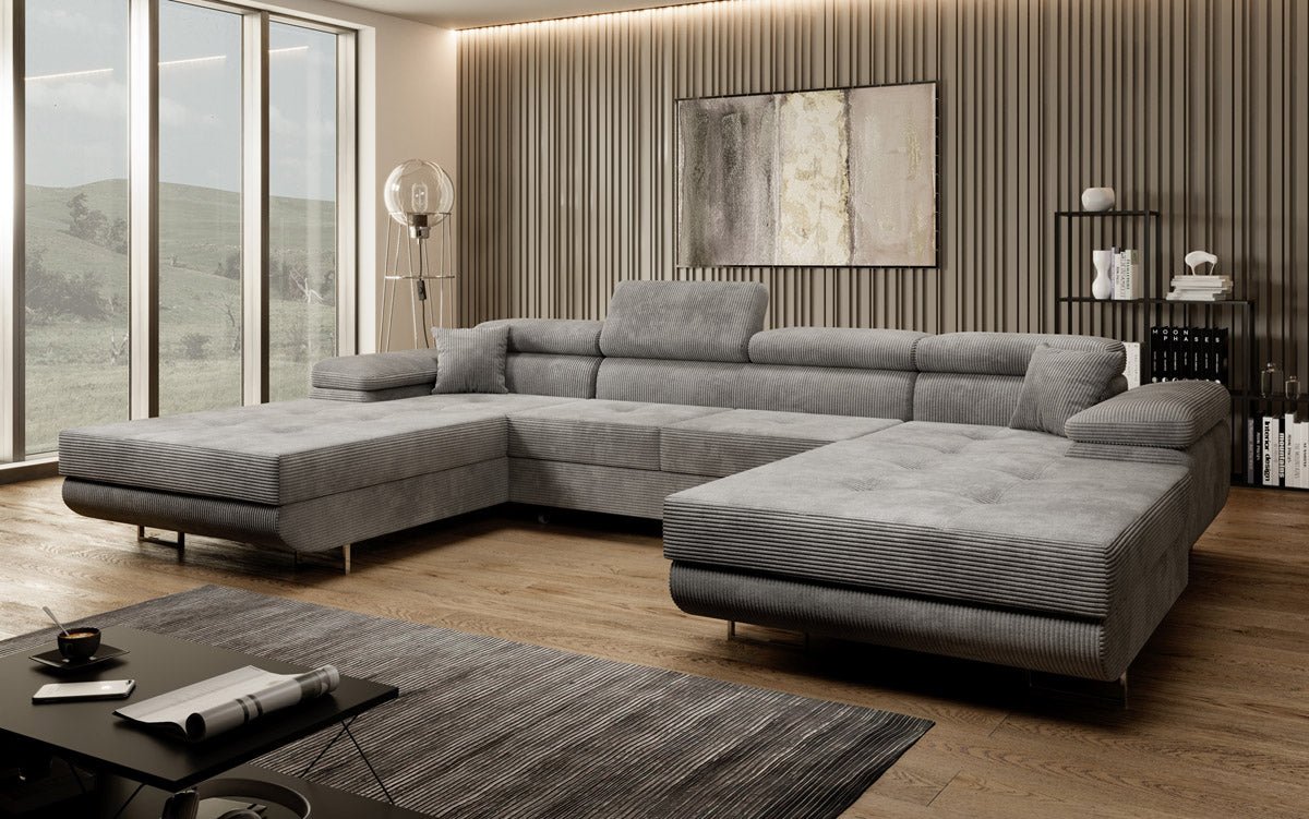 Canapé designer Calvera U avec fonction couchage et rabattable en velours côtelé
