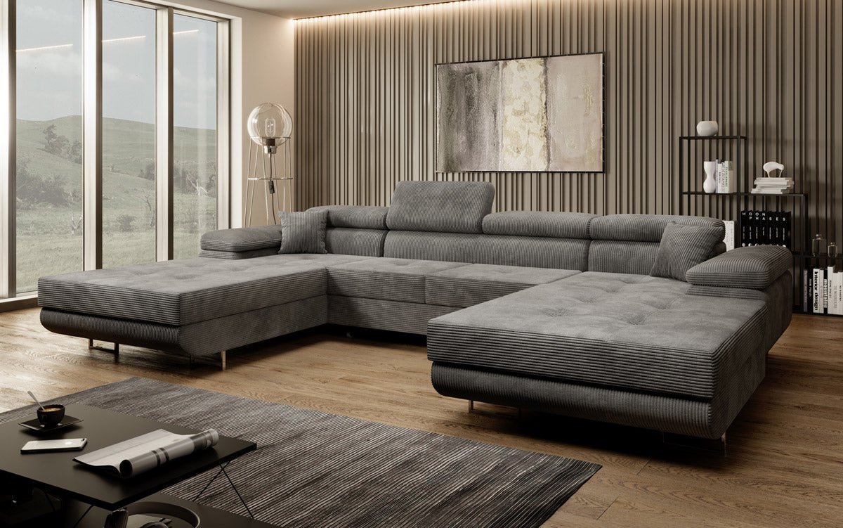 Canapé designer Calvera U avec fonction couchage et rabattable en velours côtelé