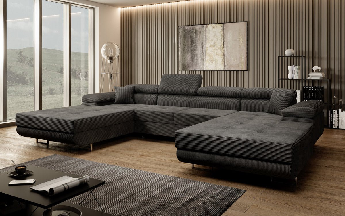 Canapé designer Calvera U avec fonction couchage et rabattable en velours côtelé