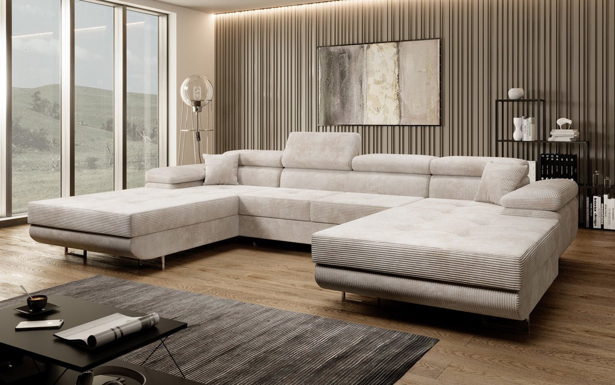 Canapé designer Calvera U avec fonction couchage et rabattable en velours côtelé