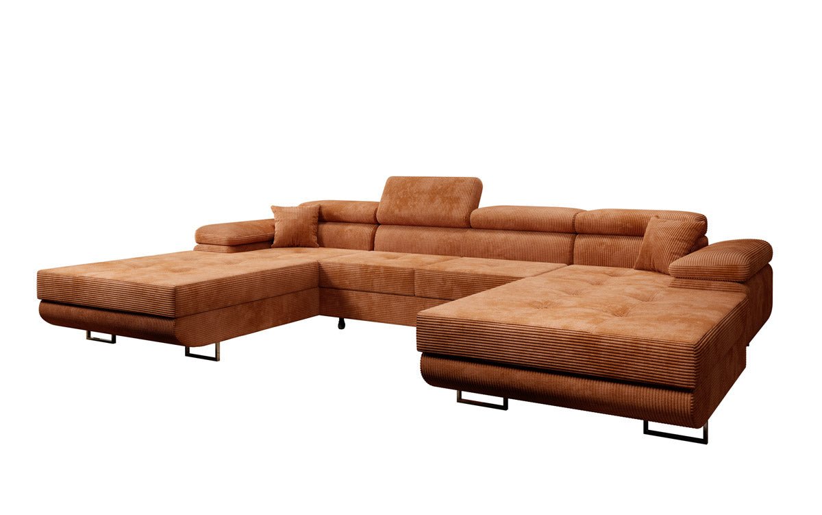 Canapé designer Calvera U avec fonction couchage et rabattable en velours côtelé