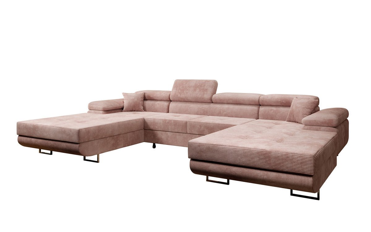 Canapé designer Calvera U avec fonction couchage et rabattable en velours côtelé