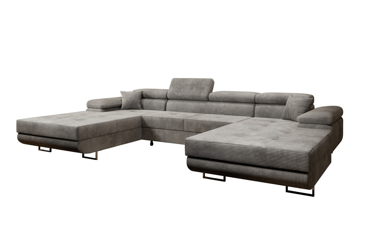 Canapé designer Calvera U avec fonction couchage et rabattable en velours côtelé