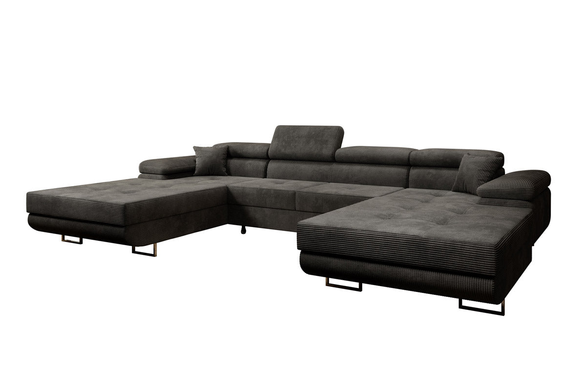 Canapé designer Calvera U avec fonction couchage et rabattable en velours côtelé