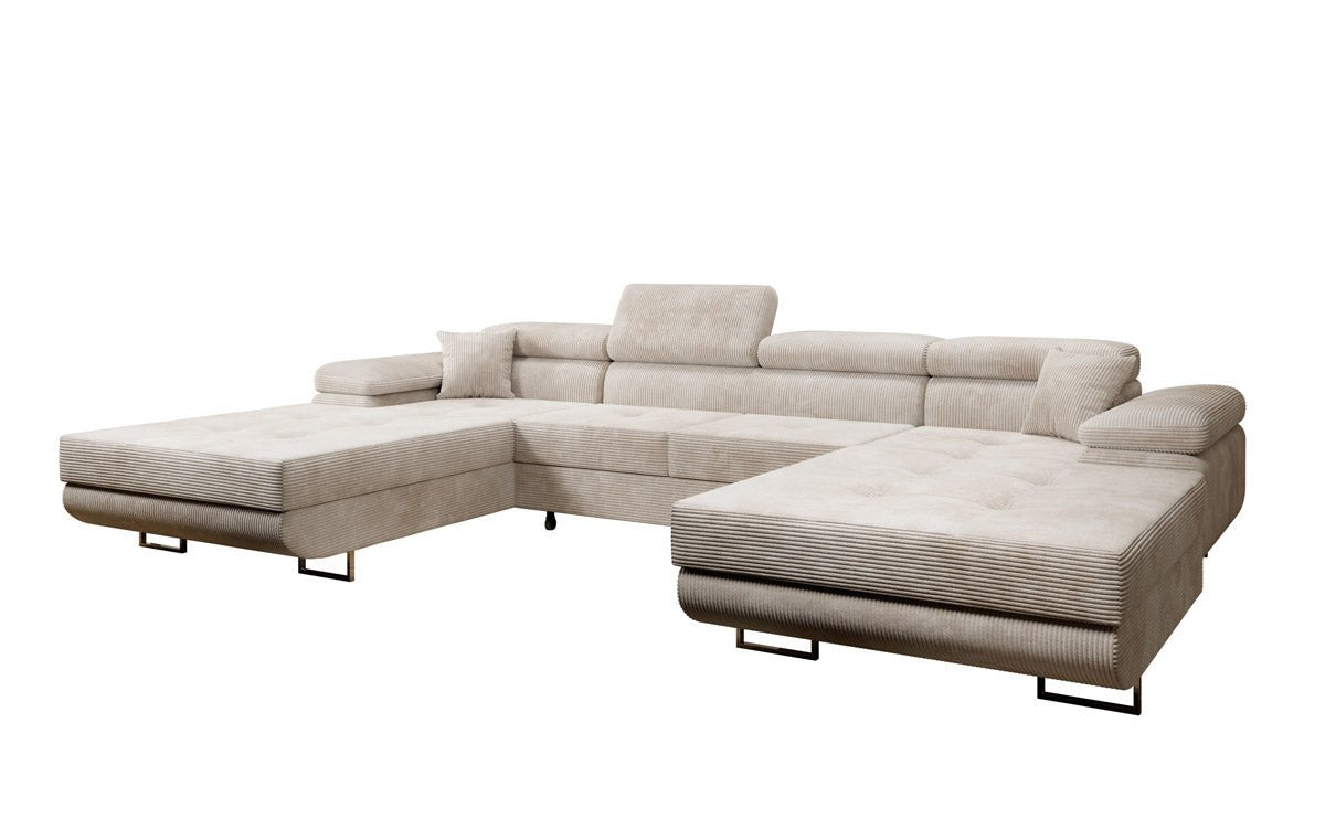 Canapé designer Calvera U avec fonction couchage et rabattable en velours côtelé