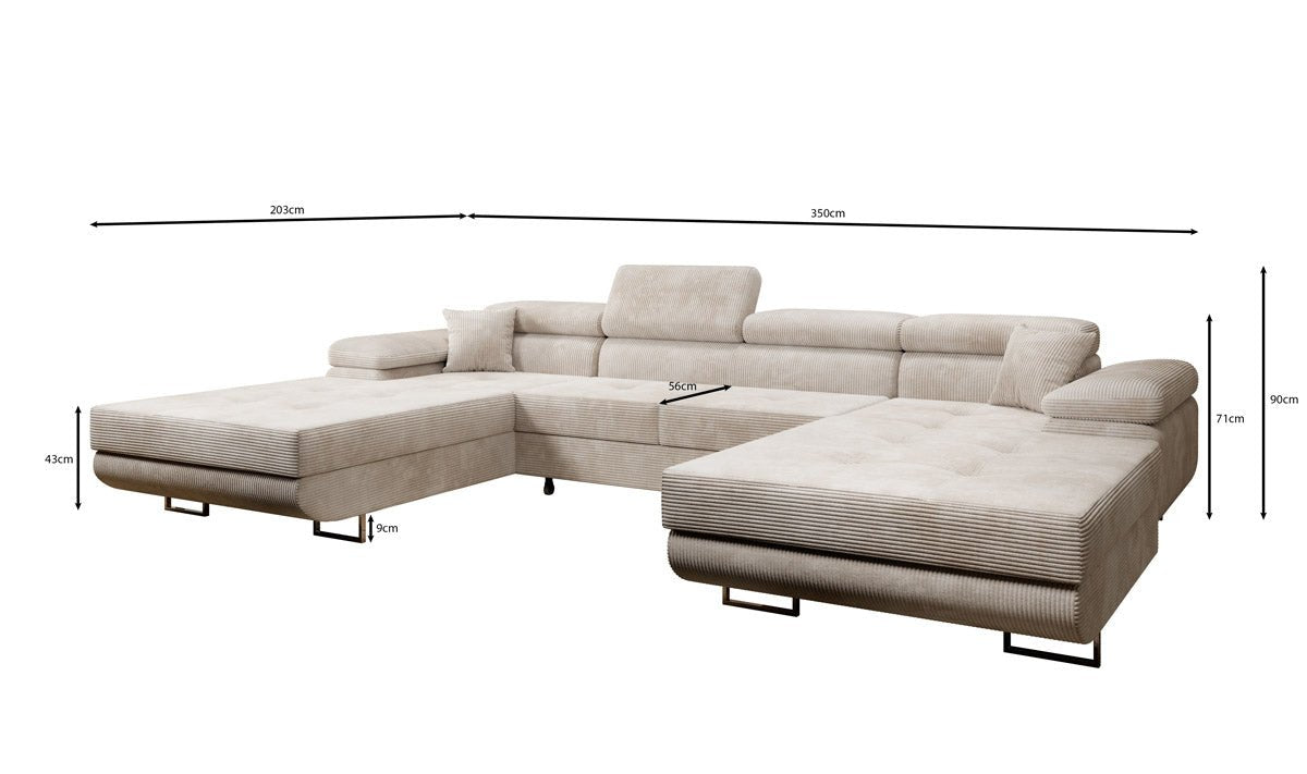 Canapé designer Calvera U avec fonction couchage et rabattable en velours côtelé