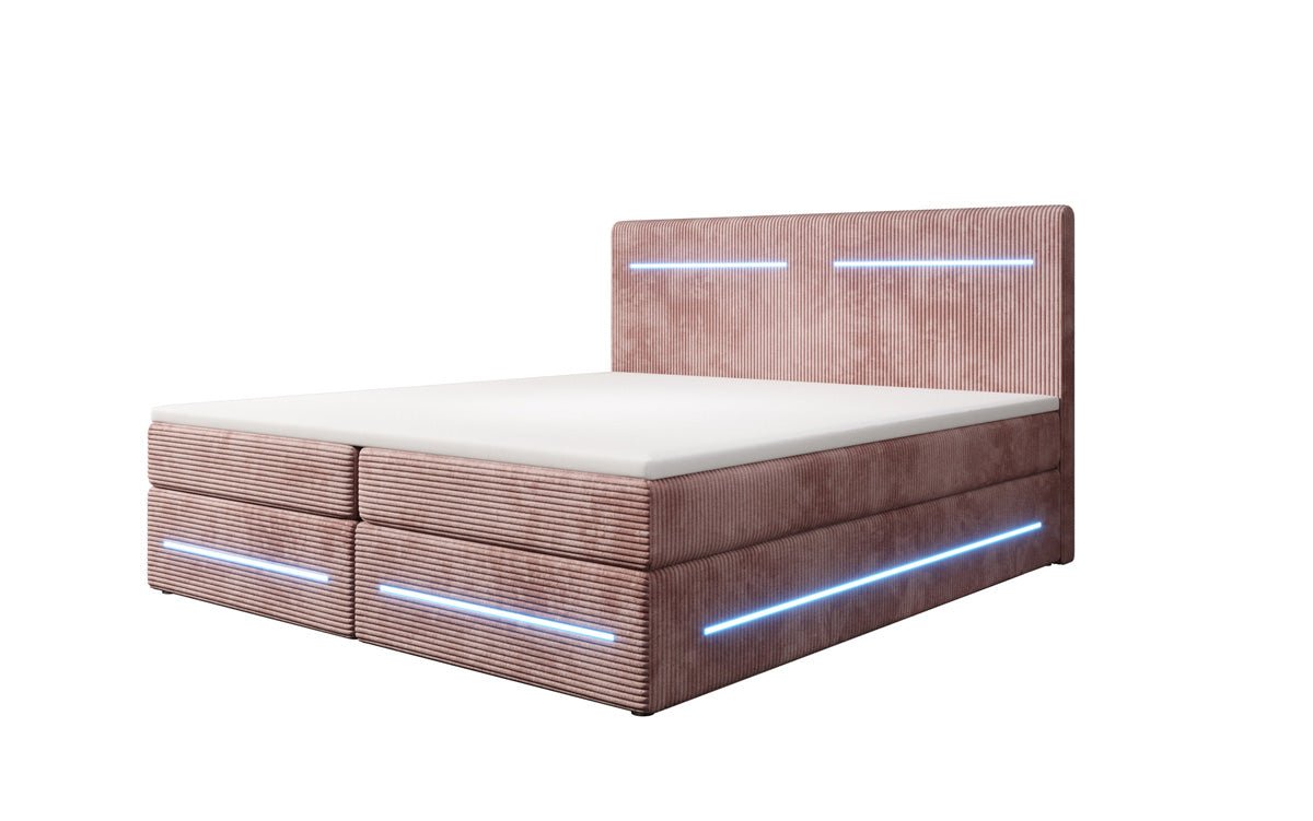 Lit boxspring Lara avec espace de rangement et LED en Côtelé