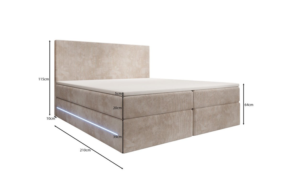 Lit boxspring Voyage avec LED et espace de rangement en Côtelé