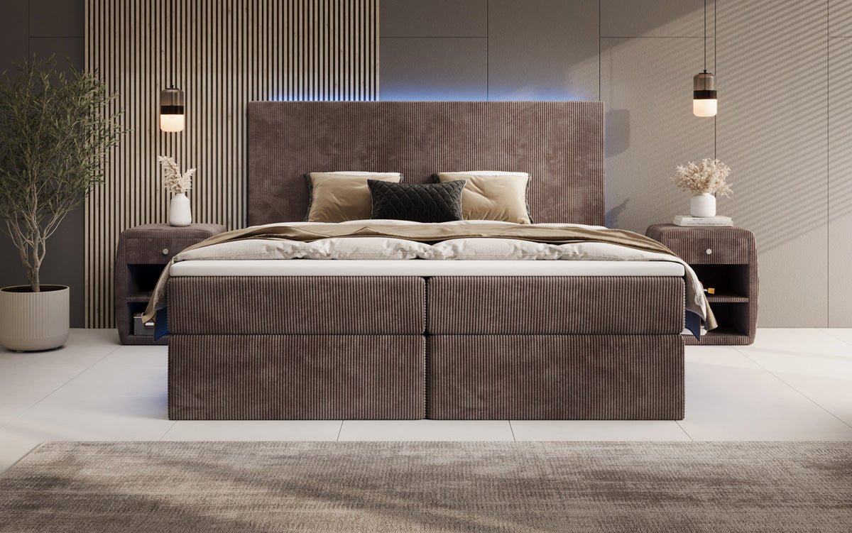 Lit boxspring Voyage avec LED et espace de rangement en Côtelé