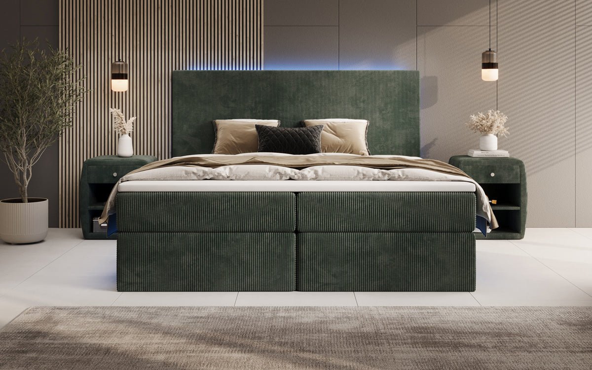 Lit boxspring Voyage avec LED et espace de rangement en Côtelé