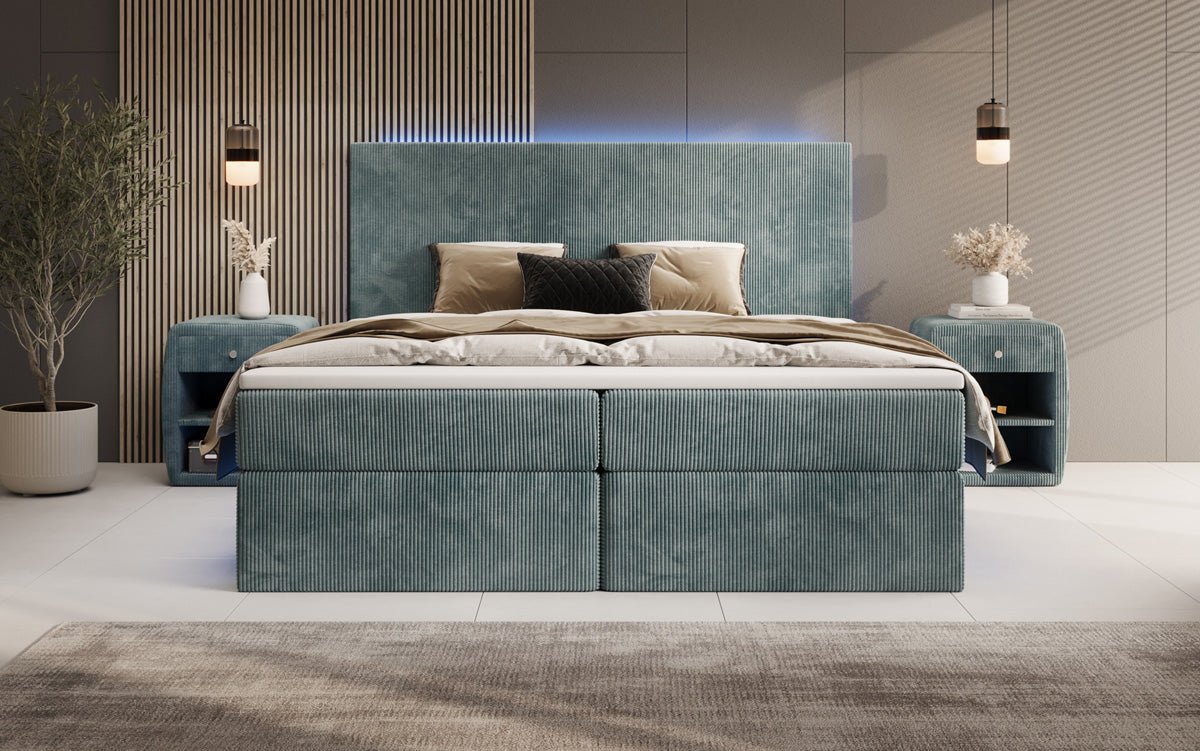 Lit boxspring Voyage avec LED et espace de rangement en Côtelé