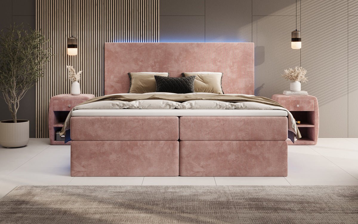 Lit boxspring Voyage avec LED et espace de rangement en Côtelé